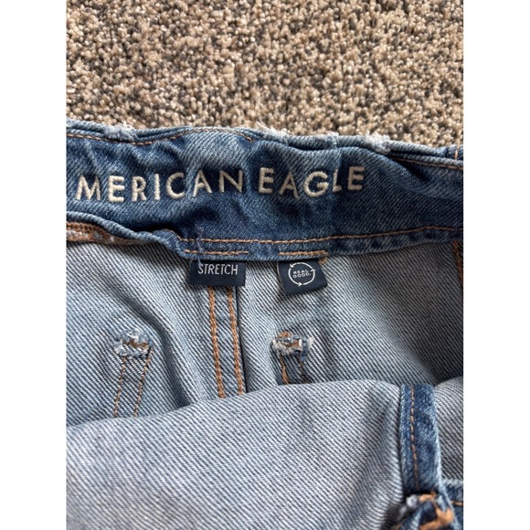 American Eagle Denim Skirt Mini Blue Button Front Frayed Hem Size 2 Stretch - Picture 3 of 6